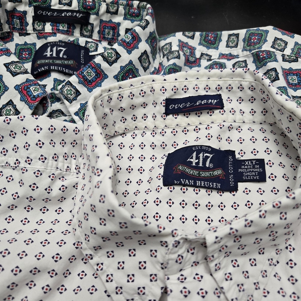 Set Of 2 417 Van Heusen Over Easy All Over‎ Geo Print Cotton Shirts Mens XLT